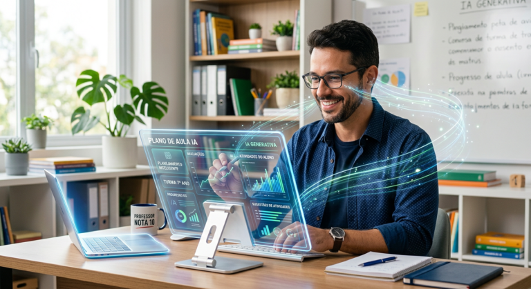 Professor sorrindo e trabalhando eficientemente em um tablet com interface de inteligência artificial, criando planos de aula e avaliações. Representa Skooly, ferramenta de IA para educadores.