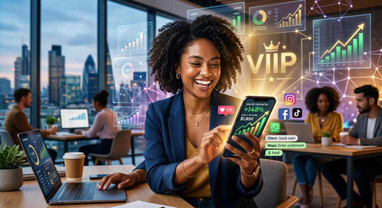 Pessoa utilizando smartphone com gráficos de vendas online, representando o sucesso com o curso Fórmula Enriquecendo Online VIIP e seu suporte especializado.
