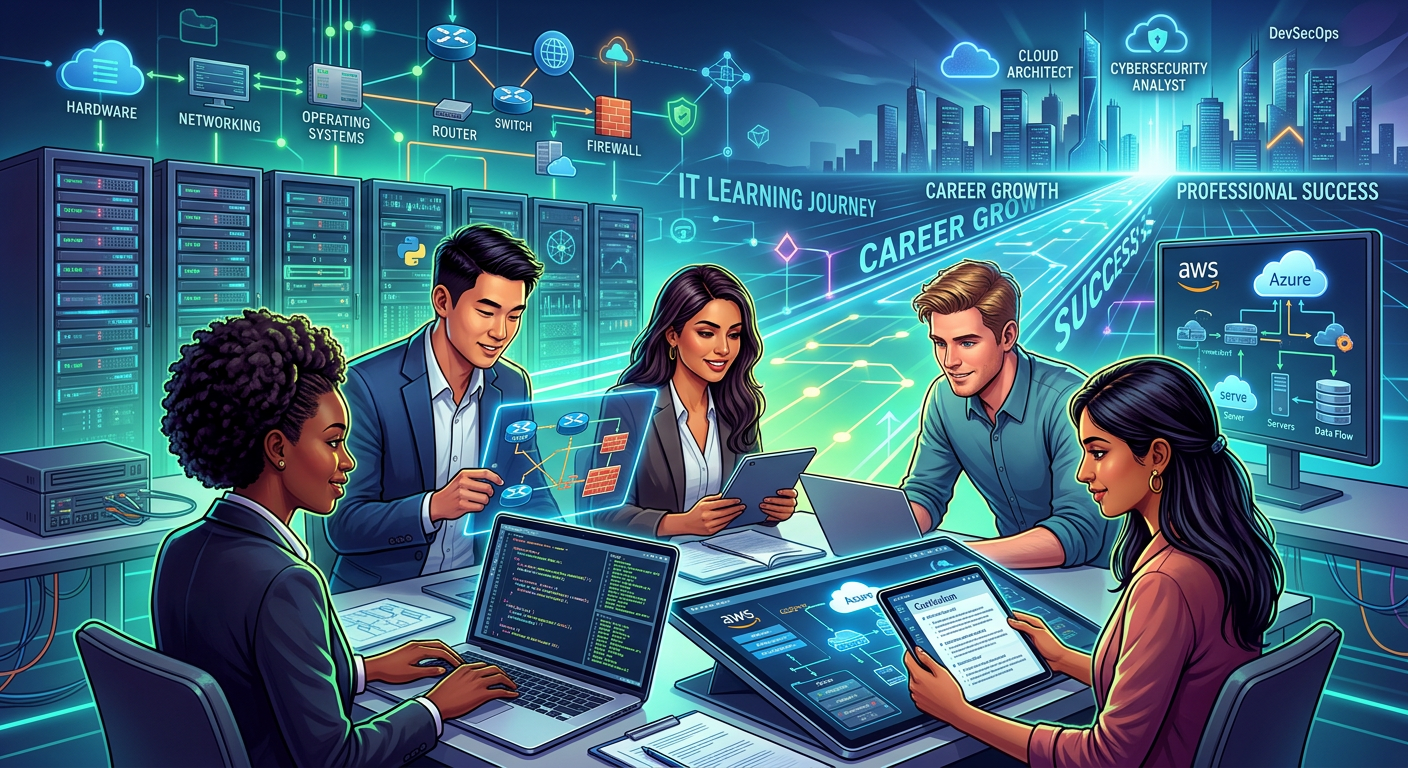 Um grupo diversificado de profissionais e estudantes aprendendo sobre fundamentos de TI, redes de computadores, hardware e computação em nuvem, representando o curso TI Total.