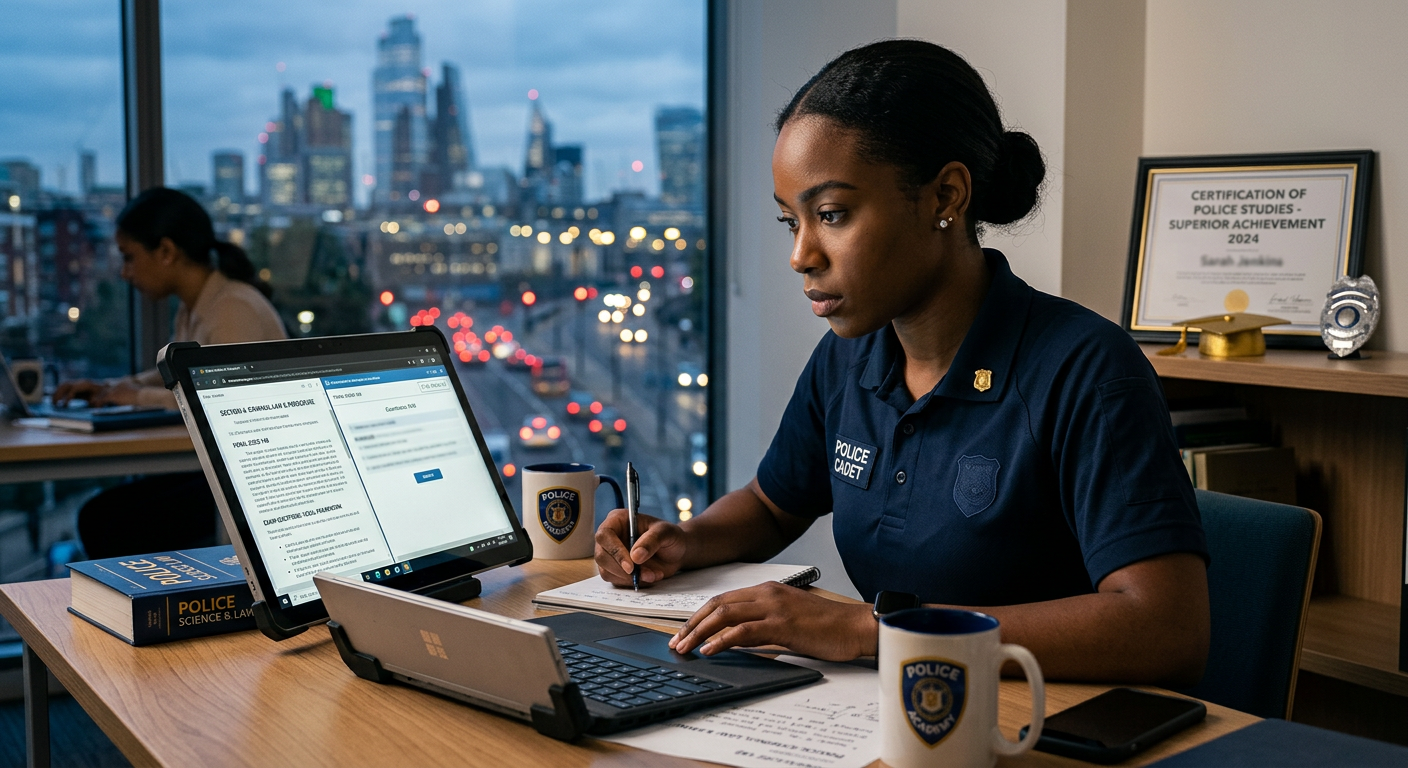 Jovem adulto fardado ou em vestimenta profissional, concentrado em estudos para concurso policial em um tablet, com símbolos de segurança pública e um certificado de nível superior ao fundo, representando o curso Gestão em Segurança Óliver e sua certificação rápida.