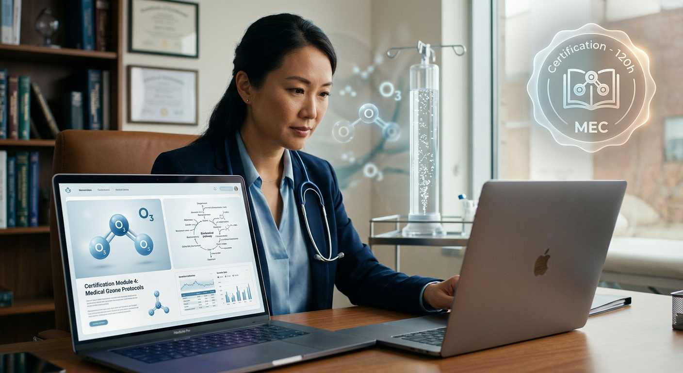 Profissional de saúde estudando ozonioterapia online com certificação reconhecida pelo MEC.