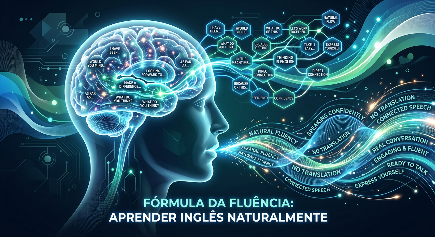 Ilustração conceitual da Fórmula da Fluência mostrando blocos de linguagem se conectando no cérebro para gerar fala fluente em inglês.