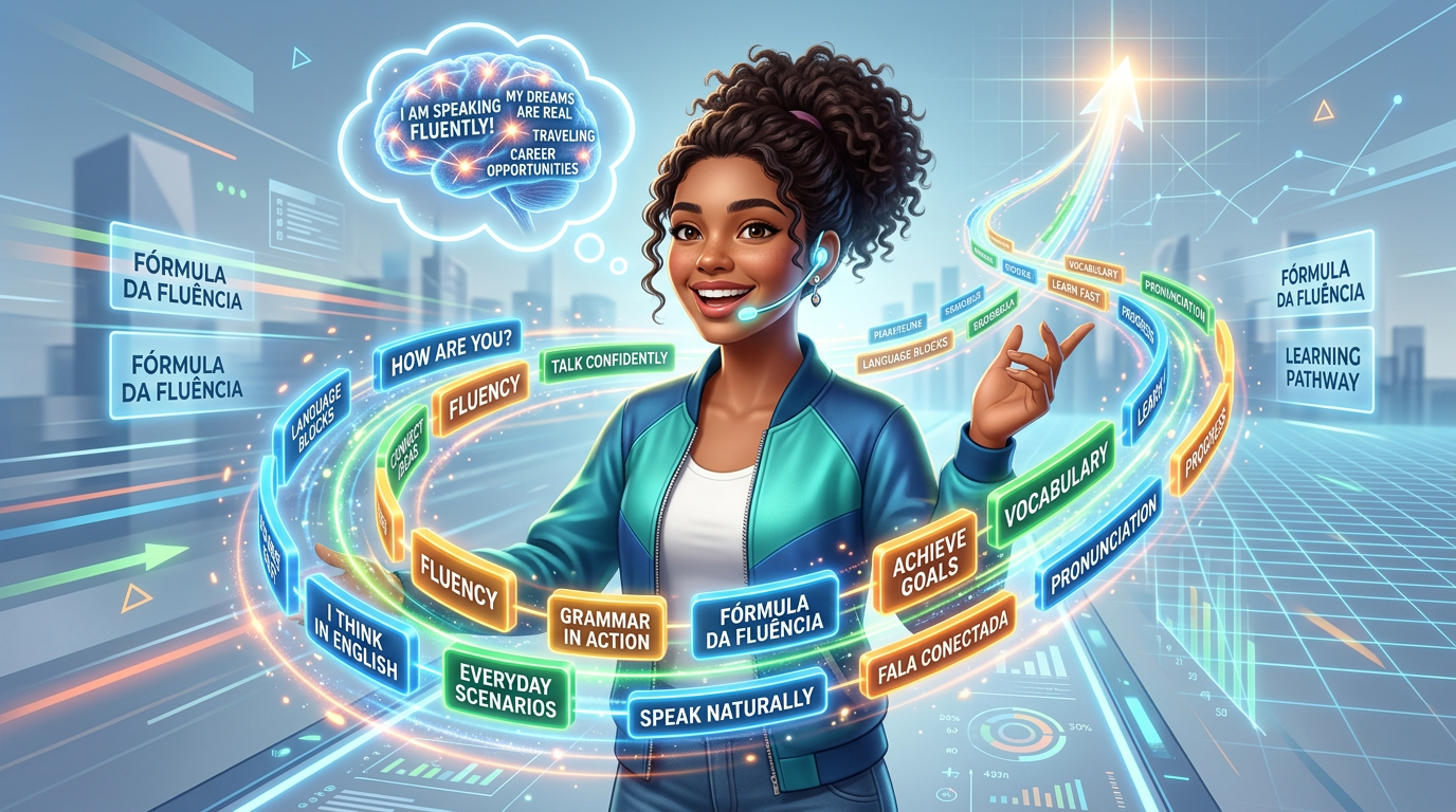 Pessoa sorrindo e falando inglês fluentemente, com blocos de palavras conectadas e cérebro ativo em fundo digital moderno, simbolizando aprendizado rápido e natural.