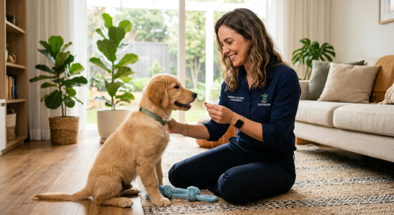 Marina Volanski, zootecnista, demonstrando adestramento positivo com um filhote feliz em casa.