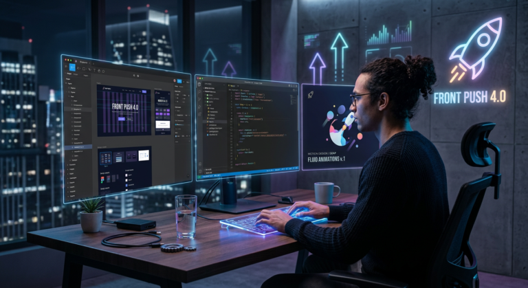 Imagem ilustrativa de um desenvolvedor front-end trabalhando em um ambiente tecnológico, com telas exibindo UI Design (Figma), código React e animações (motion design), representando o curso FrontPUSH 4.0.
