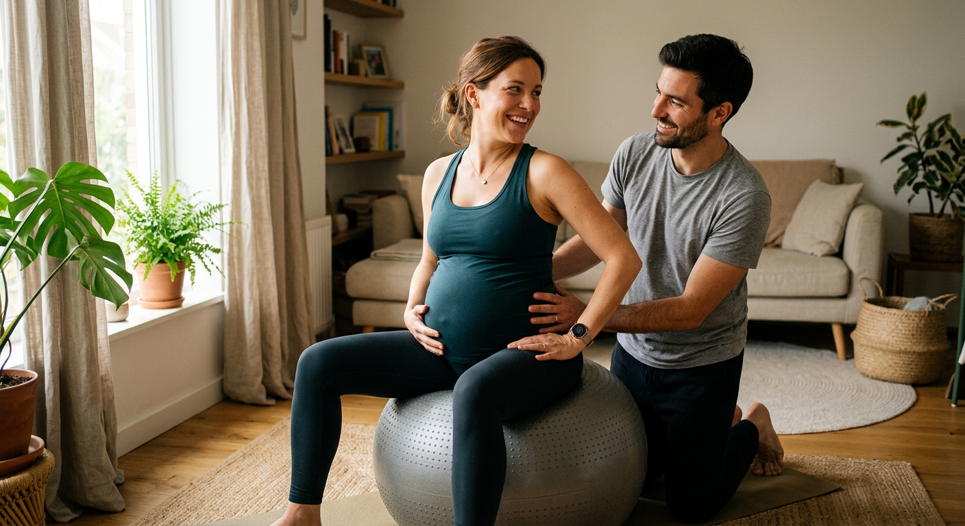 Mulher grávida praticando exercícios de mobilidade pélvica com bola suíça e apoio do parceiro, em ambiente calmo e acolhedor, preparando-se para um parto humanizado.
