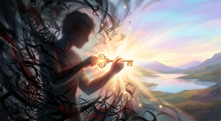 Imagem conceitual de uma pessoa usando uma chave dourada para desbloquear a calma e o controle, superando a ansiedade e a confusão mental.