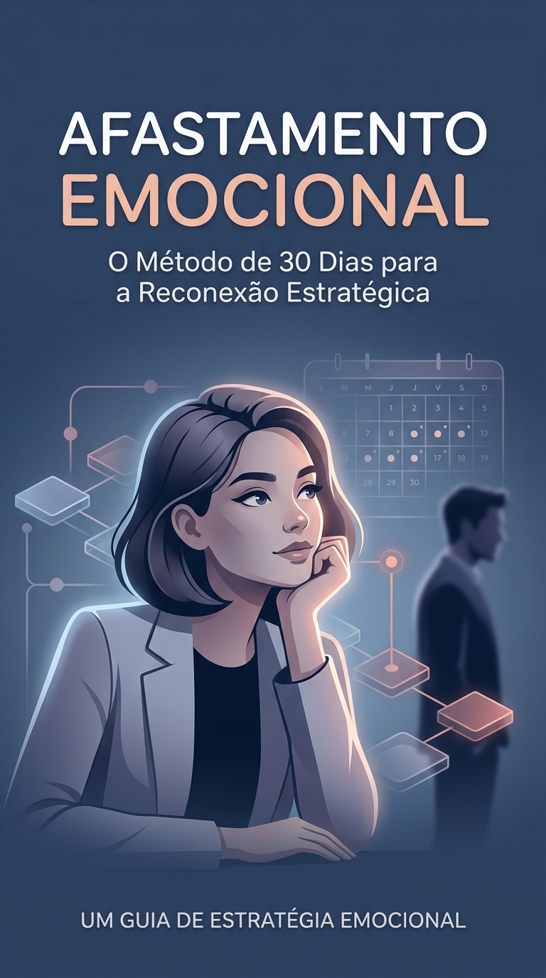 Capa do ebook 'Afastamento Emocional' com ilustração de uma mulher estratégica e um homem distante, representando a busca por compromisso.