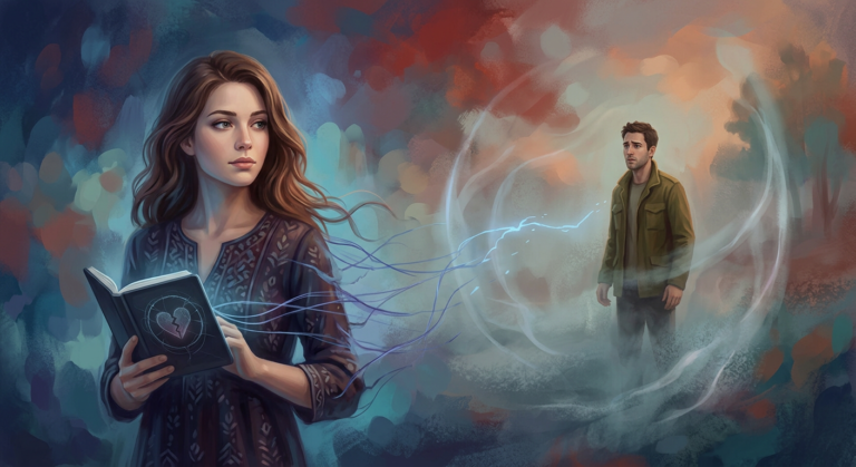 Ilustração digital de uma mulher implementando estratégia de afastamento emocional em um relacionamento, com um homem pensativo ao fundo e um ebook em suas mãos.