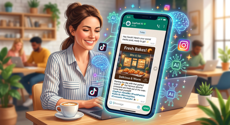 Smartphone com chat WhatsApp exibindo post pronto para Instagram e TikTok, ícones de redes sociais, IA e empreendedor satisfeito ao fundo.