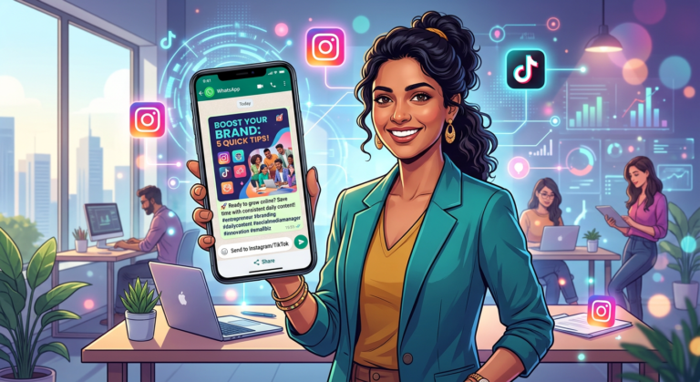 Empreendedor(a) recebendo posts prontos de redes sociais via WhatsApp pelo ZapPost, com elementos de IA.