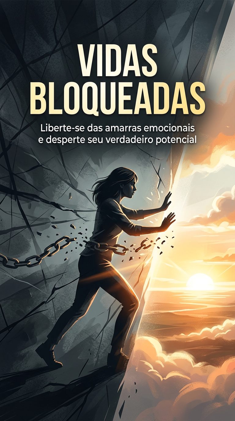 Capa conceitual do e-book Vidas Bloqueadas de Ivan Maia, mostrando uma pessoa superando barreiras invisíveis e caminhando para um futuro iluminado e livre.