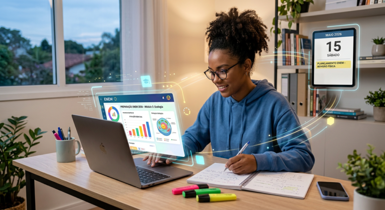 Estudante focado em um laptop exibindo material do curso Extensiva 2026 para o ENEM, com caderno e canetas em mesa organizada.