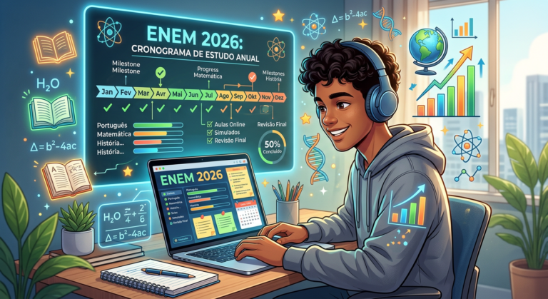 Estudante focado e feliz usando laptop em ambiente de estudo online, com 'ENEM 2026' e cronograma ao fundo, simbolizando preparação de longo prazo.