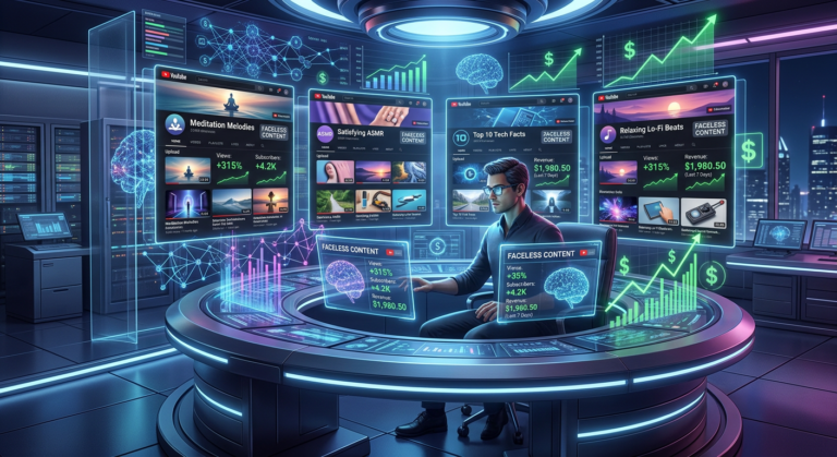 Pessoa interagindo com múltiplas telas de YouTube repletas de gráficos e algoritmos, simbolizando a automação e monetização em dólar de canais faceless com IA.