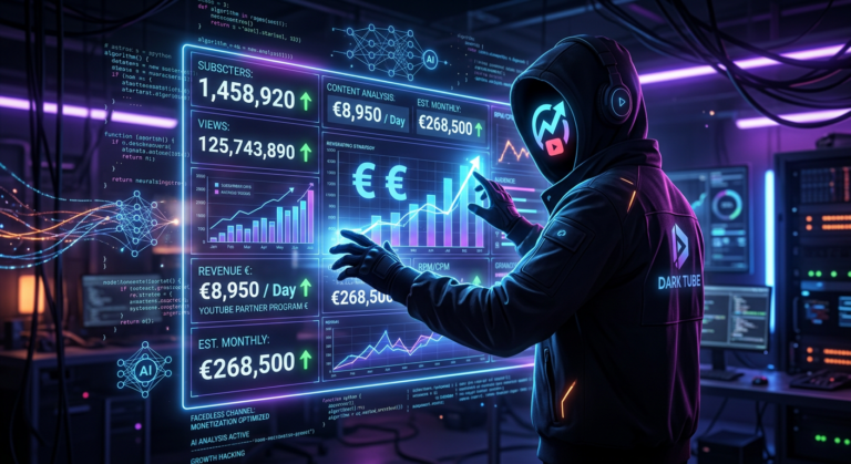 Youtuber anônimo usando inteligência artificial para dominar algoritmos do YouTube, com gráficos de monetização em dólar e dados de desempenho.