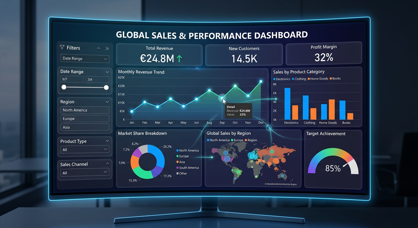 Dashboard interativo e visualmente criativo do Power BI, exibindo gráficos modernos, KPIs e visualização de dados.