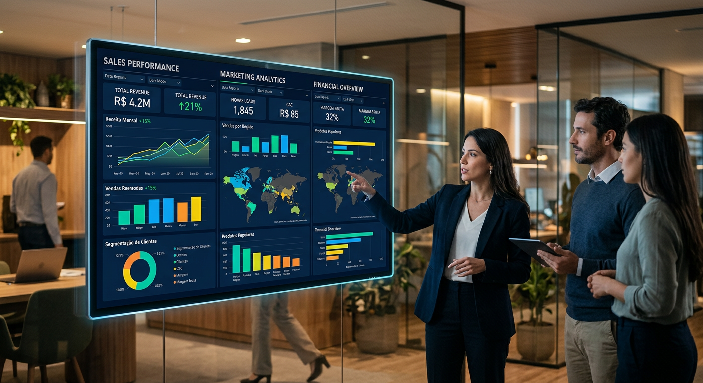 Dashboards criativos e interativos do Power BI com gráficos, KPIs e design moderno para análise de dados.