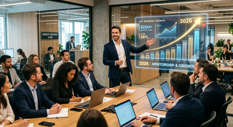 Victor Damásio orientando empreendedores com gráficos de faturamento ascendente e o ano '2026' em destaque, simbolizando o sucesso do programa Comece o Ano Forte.