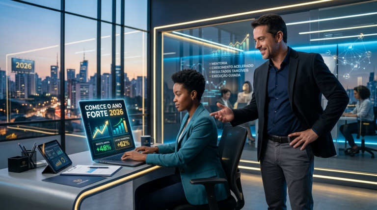 Victor Damásio orientando um empreendedor em frente a um laptop com gráficos de faturamento crescente, simbolizando o início forte de 2026 com mentoria.