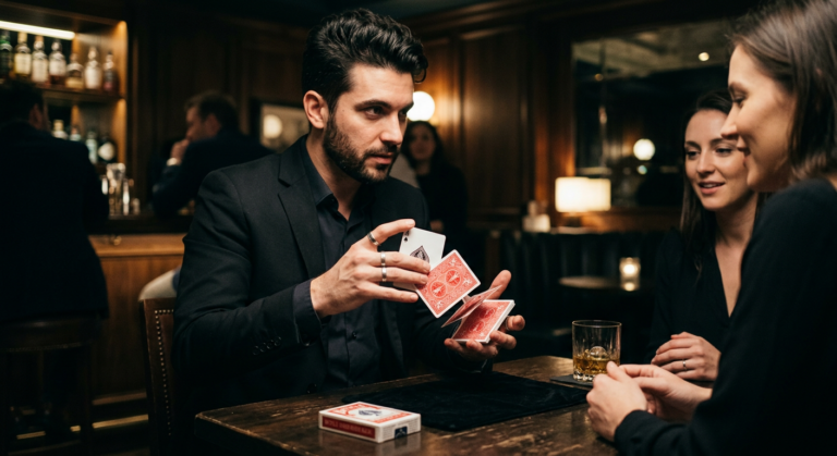 Felipe Barbieri realizando mágica de close-up com um baralho Bicycle, suas mãos em foco durante um truque de cartas.