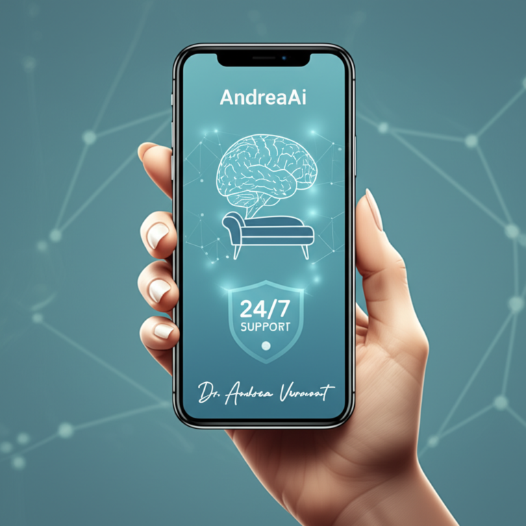 Tela de smartphone exibindo o aplicativo AndreaAi, terapeuta de bolso, com interface calmante, ícones de neurociência e psicanálise e selo 24/7.