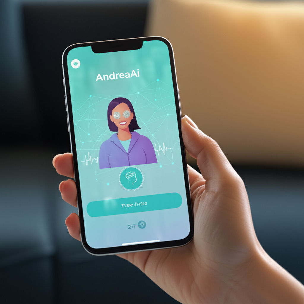Smartphone showing the AndreaAi app with a calming therapist avatar and neuro‑science inspired UI.