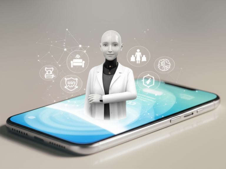 Imagem de um smartphone exibindo a IA terapeuta AndreIA, com avatar feminina e símbolos de psicanálise e neurociência, representando apoio 24h.