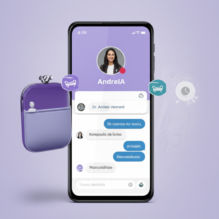 Ilustração do aplicativo AndreIA em um smartphone, mostrando um assistente de IA de apoio emocional baseado em psicanálise e neurociência, disponível 24/7.