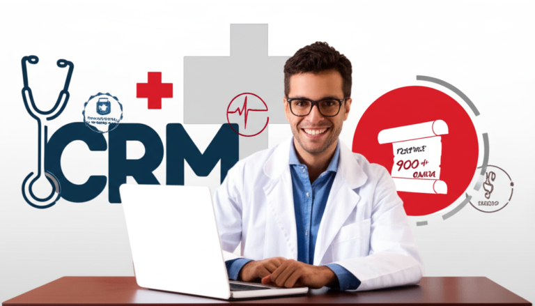 Ilustração de estudante de medicina em curso online CRM, com laptop, lab coat, logo CRM e ícones de ENEM, Fuvest, Vunesp e Unifesp, simbolizando preparação elite para redação.