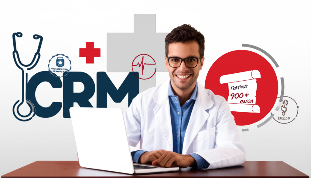 Ilustração de estudante de medicina em curso online CRM, com laptop, lab coat, logo CRM e ícones de ENEM, Fuvest, Vunesp e Unifesp, simbolizando preparação elite para redação.