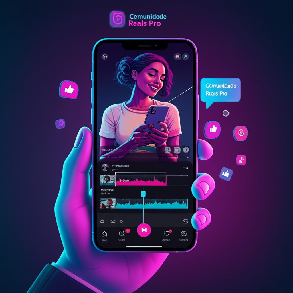 Jovem profissional usando smartphone para editar Reels no Instagram, com ícones de engajamento e comunidade ao fundo.