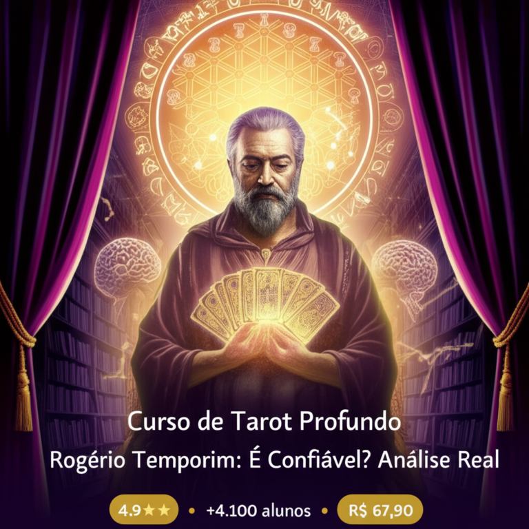 Silhueta de um mestre de tarot rodeado por cartas iluminadas, símbolos psicanalíticos e astrológicos, representando o curso de Tarot Profundo de Rogério Temporim.
