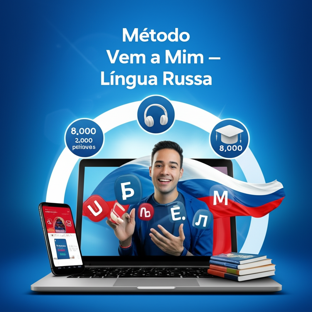 Ilustração promocional do curso online 'Método Vem a Mim – Língua Russa', mostrando o professor Thiago Melo, bandeira da Rússia, letras cirílicas e ícones dos níveis básico, intermediário e avançado.