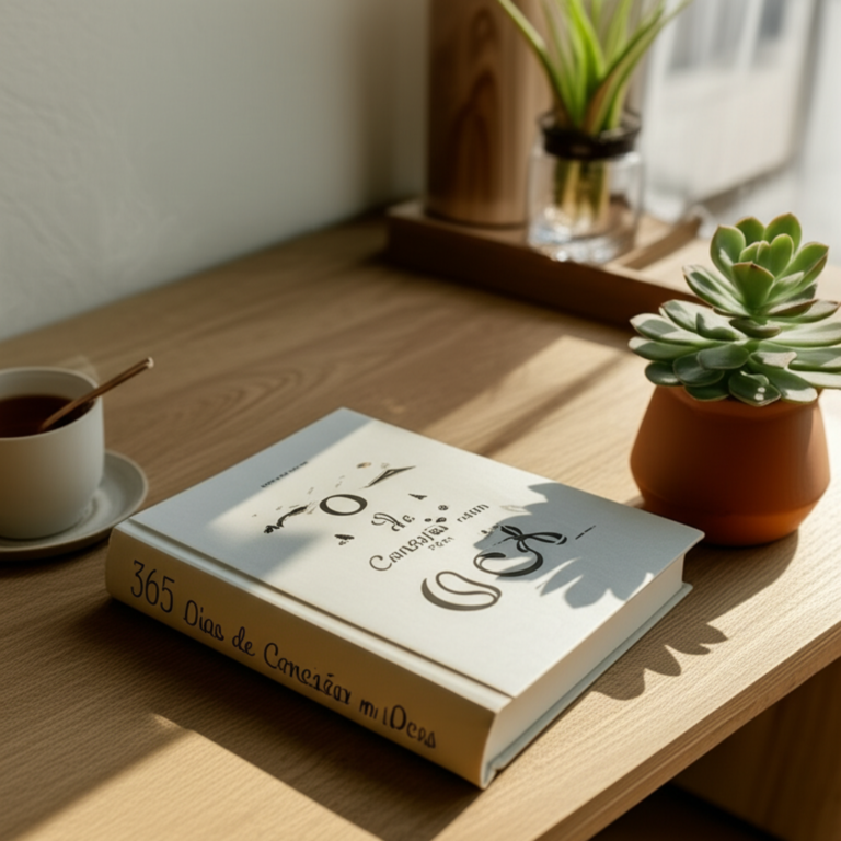 Livro físico '365 Dias de Conexão com Deus' aberto em uma mesa, com xícara de chá e planta, sob luz suave da manhã, transmitindo paz e inspiração diária.