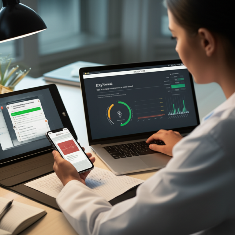 Estudante de medicina utilizando o Medcards FULL em múltiplos dispositivos (celular, tablet, computador) com flashcards interativos e banco de questões inteligentes.