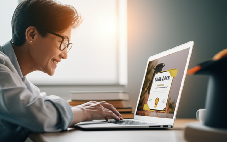 Adult student de etnia diversa sorrindo para laptop com diploma online na tela, representando o sucesso no EJA Supletivo Óliver.