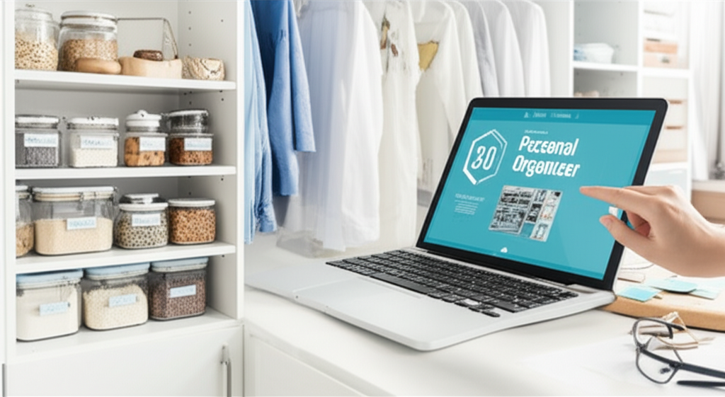 Imagem que representa o curso Personal Organizer 3.0, com um espaço doméstico impecavelmente organizado ao lado de um laptop exibindo a interface do curso, simbolizando aprendizado e aplicação prática.