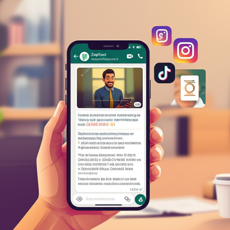 Empreendedor visualizando um post completo gerado pelo ZapPost, entregue via WhatsApp em seu smartphone.