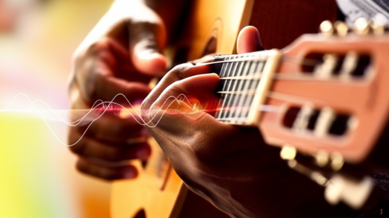 Mãos habilidosas tocando um cavaquinho com ritmo e fluidez, simbolizando a 'batida perfeita' do curso de Léo Soares.