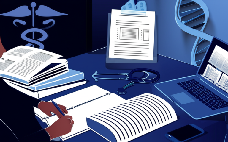 Estudante concentrado escrevendo redação com tema de medicina, simbolizando a preparação para vestibulares como Enem, Fuvest e Vunesp.