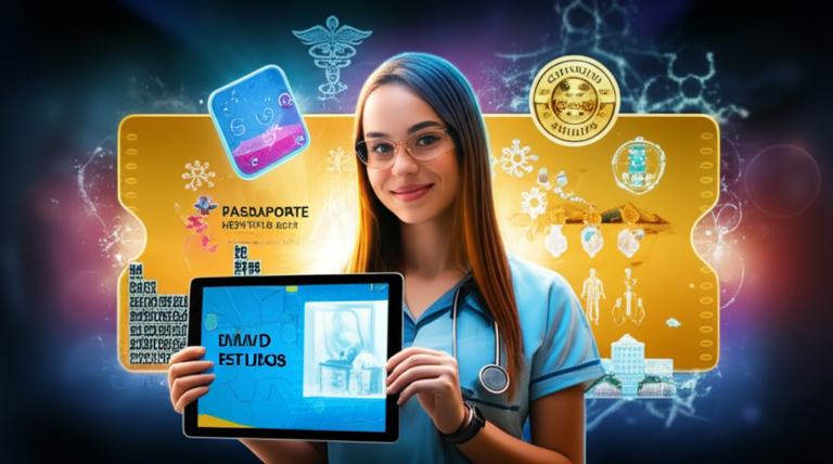 Jovem estudante utilizando o Diário de Estudos personalizado do IQPASS, rodeada por símbolos de Química e Medicina, representando a jornada para aprovação em 2026.