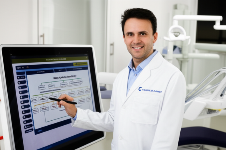 Dentista explicando plano ortodôntico em tela digital, representando a Formação Inteligente em Ortodontia Clínica do curso Viver de Orto.