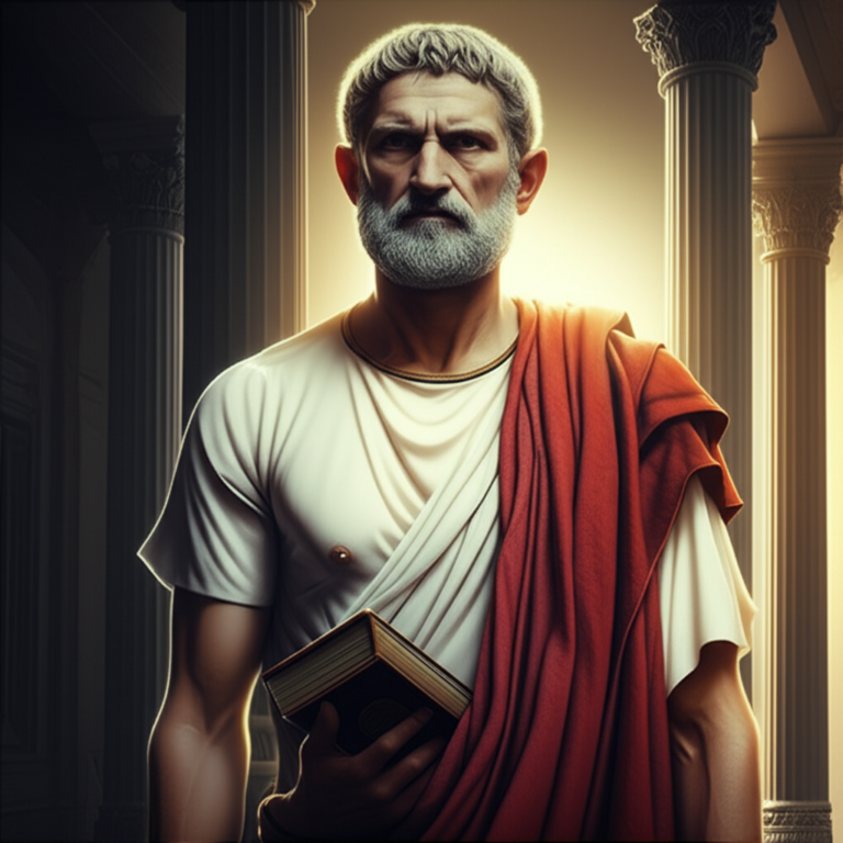 Retrato de um homem maduro e sereno, com expressão sábia e postura estoica, em um ambiente que mescla arquitetura clássica e elementos modernos. Simboliza soberania intelectual e força masculina desenvolvida.