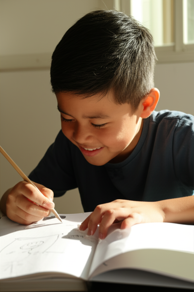 Pessoa desenhando com lápis e papel, focada no aprendizado e no processo criativo, sem a necessidade de talento inato.