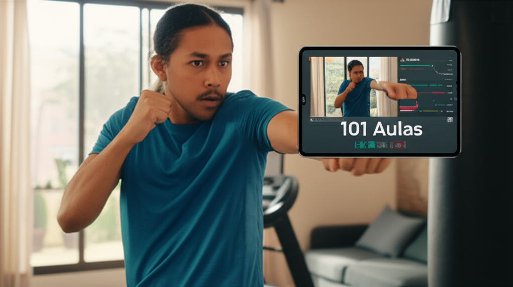 Homem ou mulher praticando boxe em casa com auxílio de um curso online, focando na técnica e autodefesa.