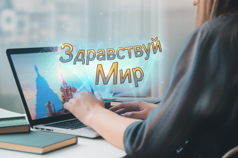 Pessoa focada estudando russo em laptop, com letras cirílicas flutuando e sendo compreendidas, ao fundo elementos arquitetônicos russos estilizados. Representa o método 'Vem a Mim Língua Russa'.