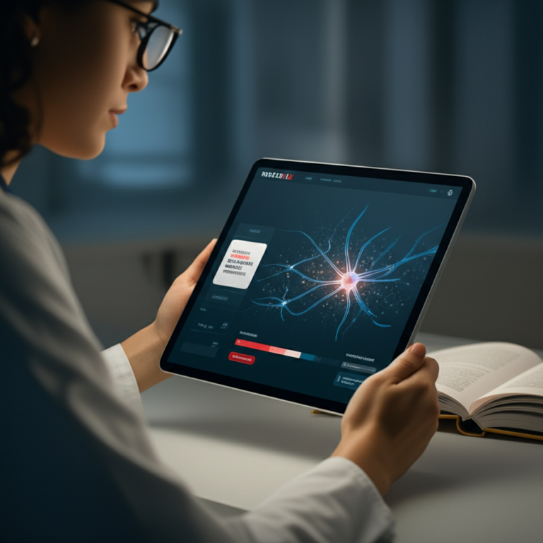 Estudante de medicina focado interagindo com flashcards digitais Medcards em um tablet, exibindo a interface de repetição espaçada (CBR) com gráficos de progresso em um ambiente de estudo moderno.