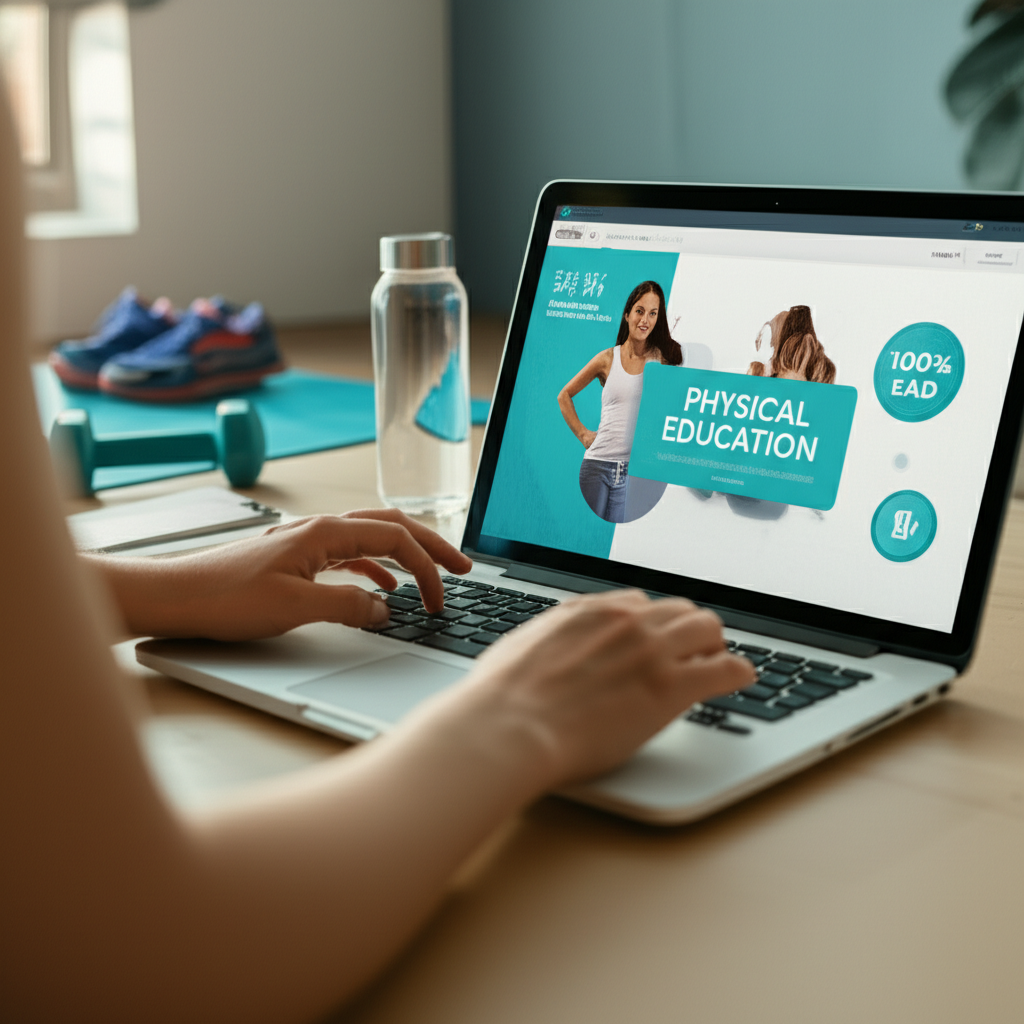 Pessoa estudando Bacharelado em Educação Física 100% EAD em notebook, com elementos fitness no ambiente, simbolizando flexibilidade e foco.