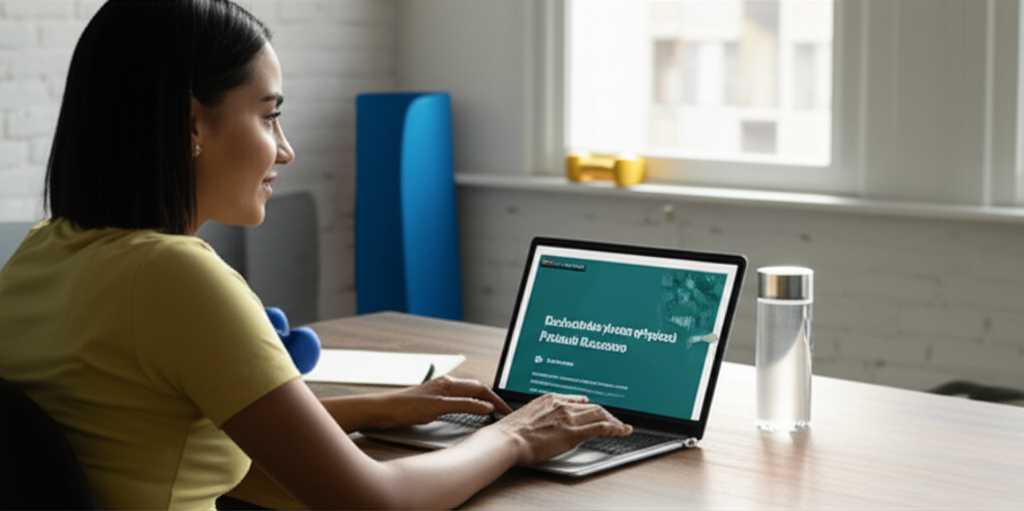 Estudante focado em laptop, cursando Bacharelado em Educação Física 100% EAD, com elementos esportivos no ambiente.